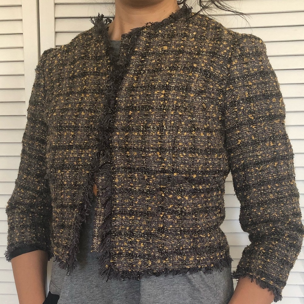 Purple Gold Tweed Crop Boucle Jacket with Fringe